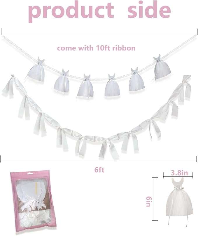 2Pcs Bridal Shower Banner Wedding Dress & Pre-Assembly White Ribbon Bow Garland - Image 8