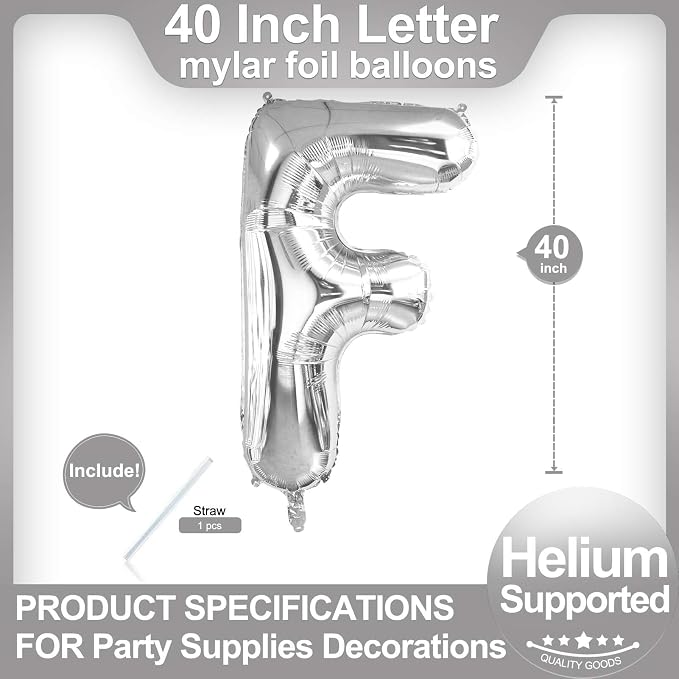 40 Inch Silver Letter F Balloons, DIY Phrase Foil Alphabet Letter F Balloons - Image 2