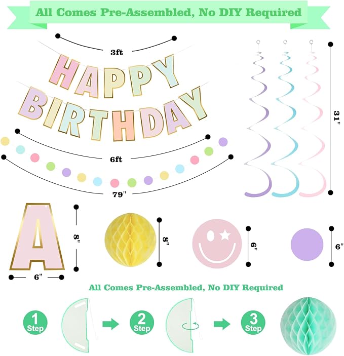 YEOCU Birthday Decorations, No DIY Pre-Strung Happy Birthday Banner | Pastel - Image 7
