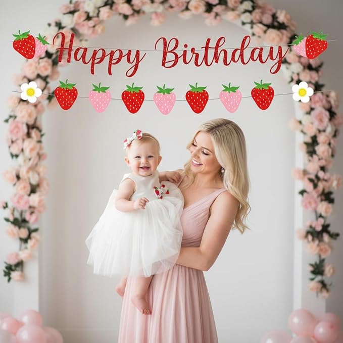 Strawberry Happy Birthday Banner, Strawberry Themed Birthday Party Decoration - Image 6