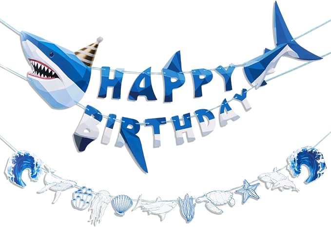 SUNBEAUTY Shark Birthday Party Decorations Shark Happy Birthday Banner Ocean - Image 8