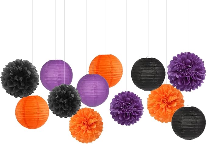 Purple-Orange Black Party-Decorations Paper-Flowers Lanterns - Image 7
