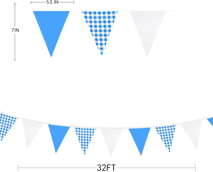 32Ft Blue Party Decorations Blue Buffalo Plaid Checkered White Triangle Flag - Image 6