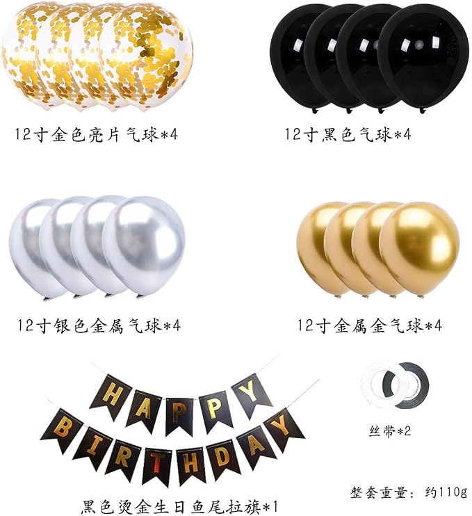 Black Gold Happy Birthday Banner Confetti Latex Balloon - Image 2