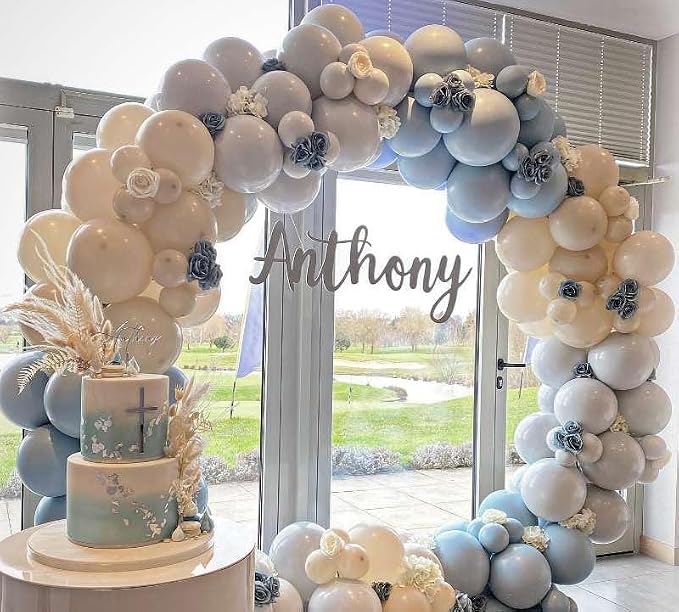 Dusty Blue White Sand Balloon Arch Garland Kit 141pcs Slate Fog Baby Blue Sand - Image 8