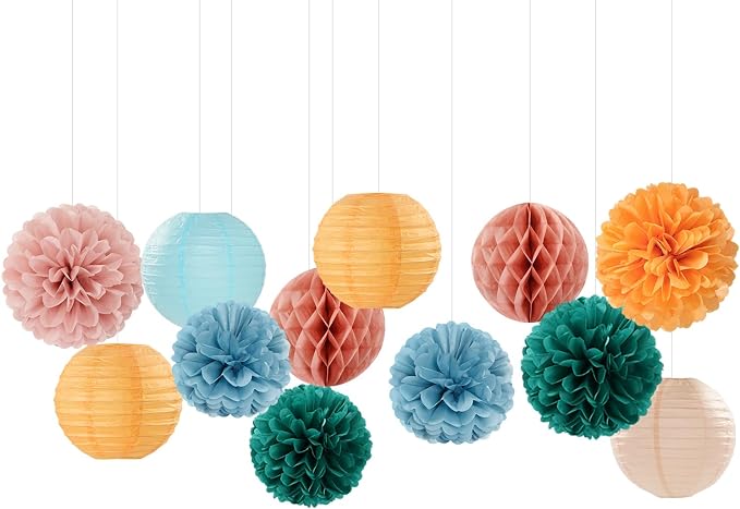 Dusty-Blue Orange Teal Party-Decorations Paper-Flowers - Image 7