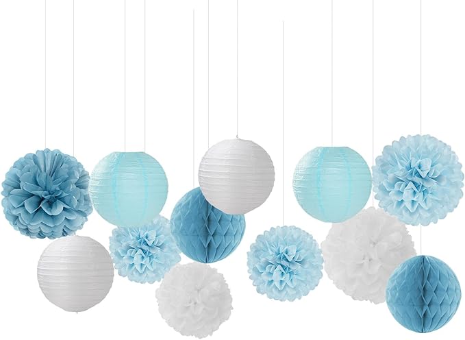 Dusty-Blue White Party-Decorations Paper-Flowers Lanterns - Image 7