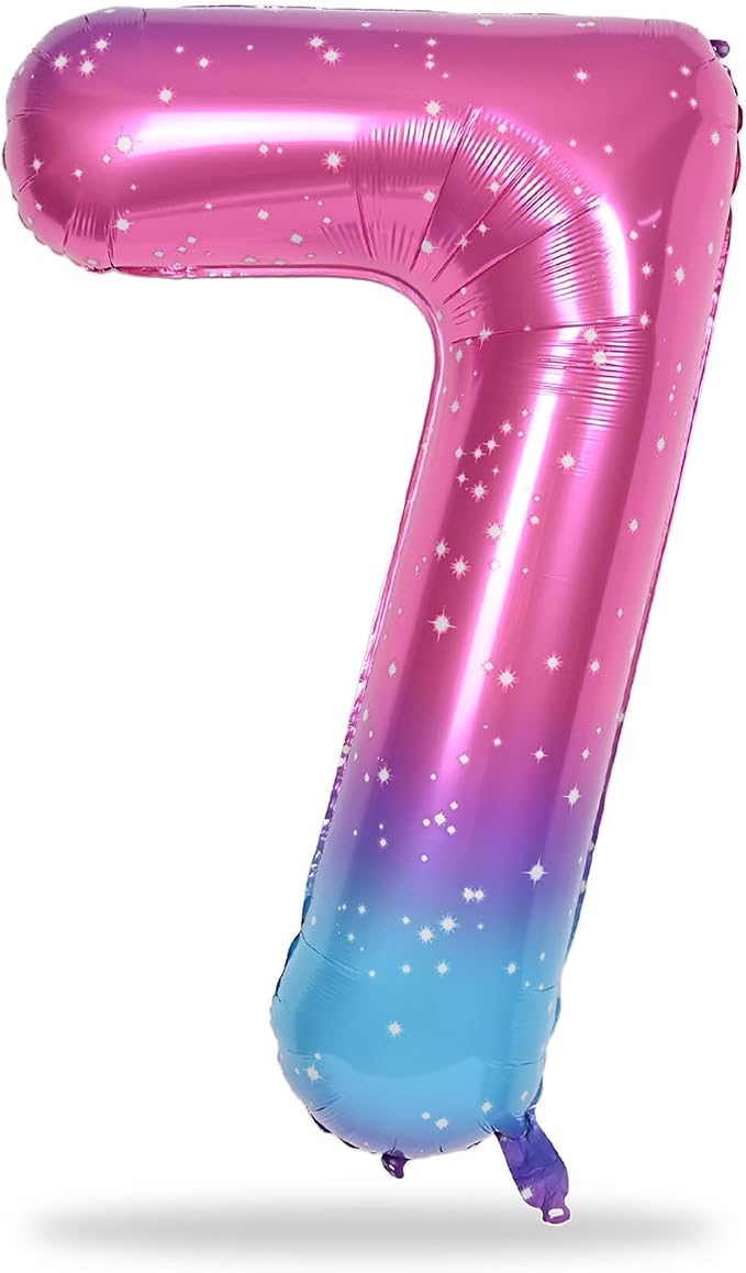 40'' Rainbow Number 7 Balloons, Giant Self Inflating Gradient Blue Pink Foil - Image 8