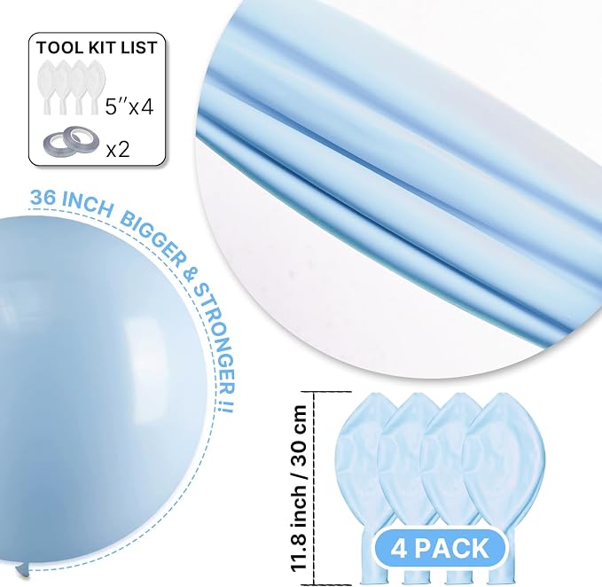 PartyWoo Baby Blue Balloons 4pcs Light Pastel Sky Aqua Blue Color | 36 Inch - Image 6