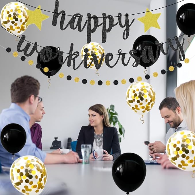 Happy Workiversary Banner Black Gold Glitter Work Anniversary Party Decorations - Image 9