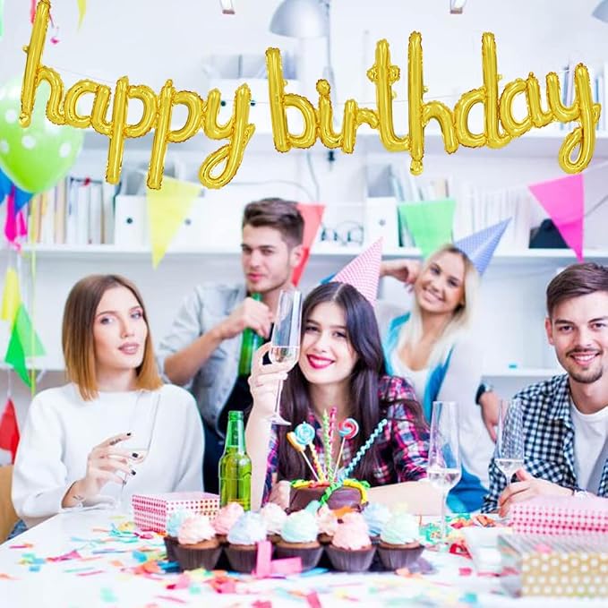 TONIFUL 16 Inch Gold Cursive Happy Birthday Balloons Banner Decorations | - Image 6