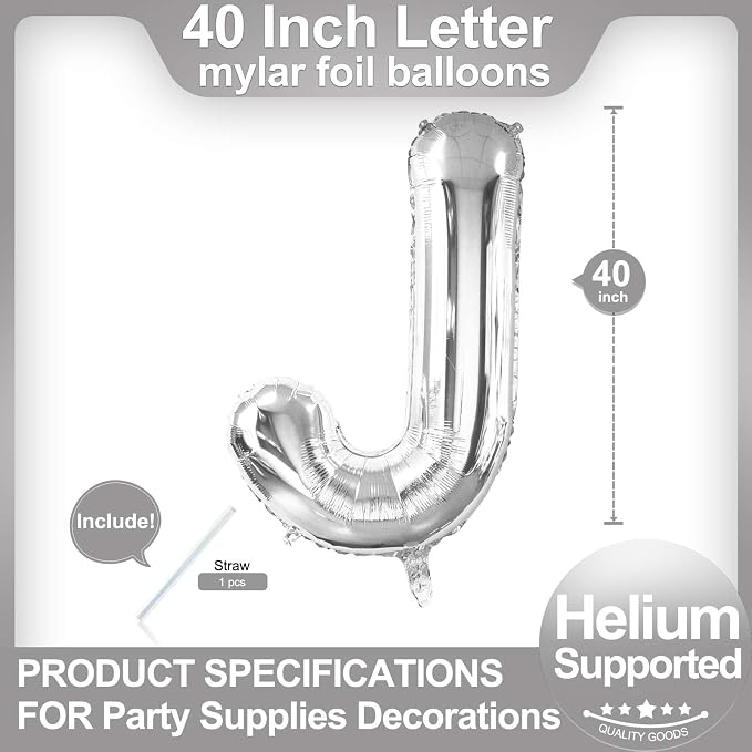 40 Inch Silver Letter J Balloons, DIY Phrase Foil Alphabet Letter J Balloons - Image 2