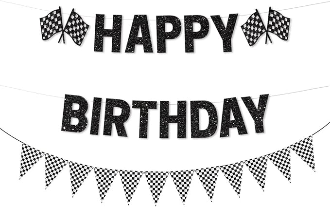 Race Car Checkered Flags Happy Birthday Banner Black Racing Sports Themed by BIEUFBJI