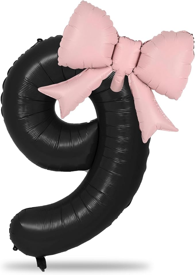 40 Inch Black Number 9 with Pink Bow Balloon, Giant Self Inflating Black Foil - Image 8