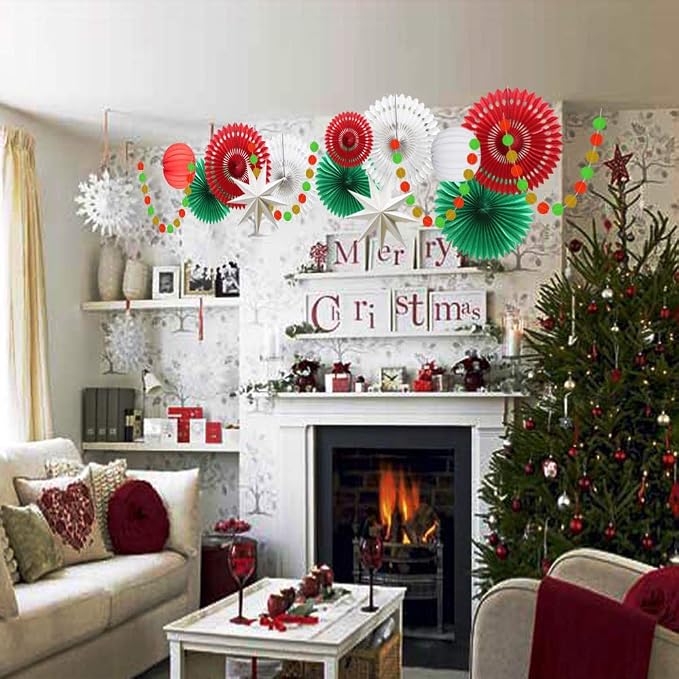 Christmas Party Decoration Set of Hanging Tissue Paper Fans Circle Garland - Image 6