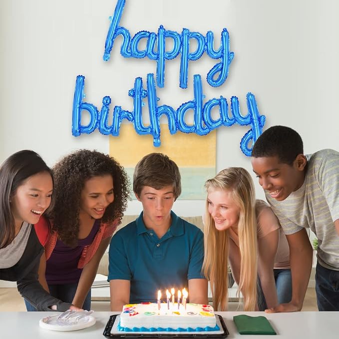 TONIFUL 16 Inch Cursive Blue Happy Birthday Balloons Banner Decorations | - Image 6
