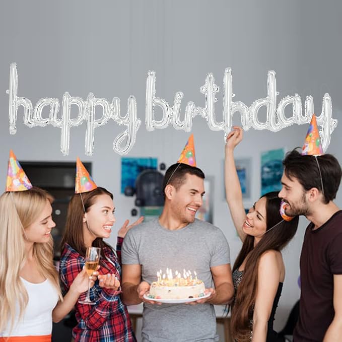 TONIFUL 16 Inch Silver Cursive Happy Birthday Balloons Banner Decorations | - Image 6