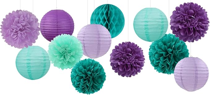 Teal-Purple Party-Decorations Paper Flowers Lanterns - Image 7