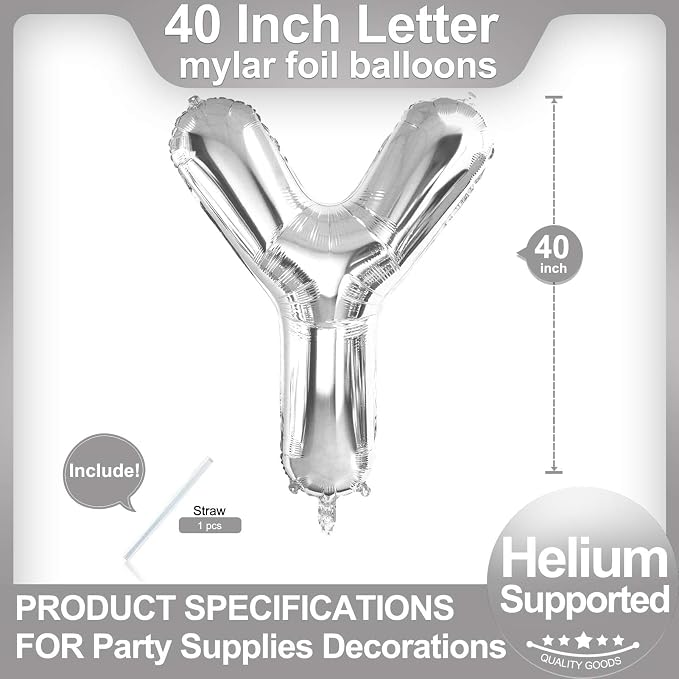 40 Inch Silver Letter Y Balloons, DIY Phrase Foil Alphabet Letter Y Balloons - Image 2