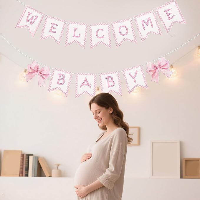 2pcs Welcome Baby Banner, Pre-Strung Pink Bow Welcome Baby Sign Hanging Banner - Image 7