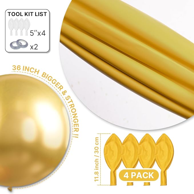 PartyWoo Metallic Gold Balloons 4pcs Chrome Gold Color 36 Inch | Balloons - Image 6