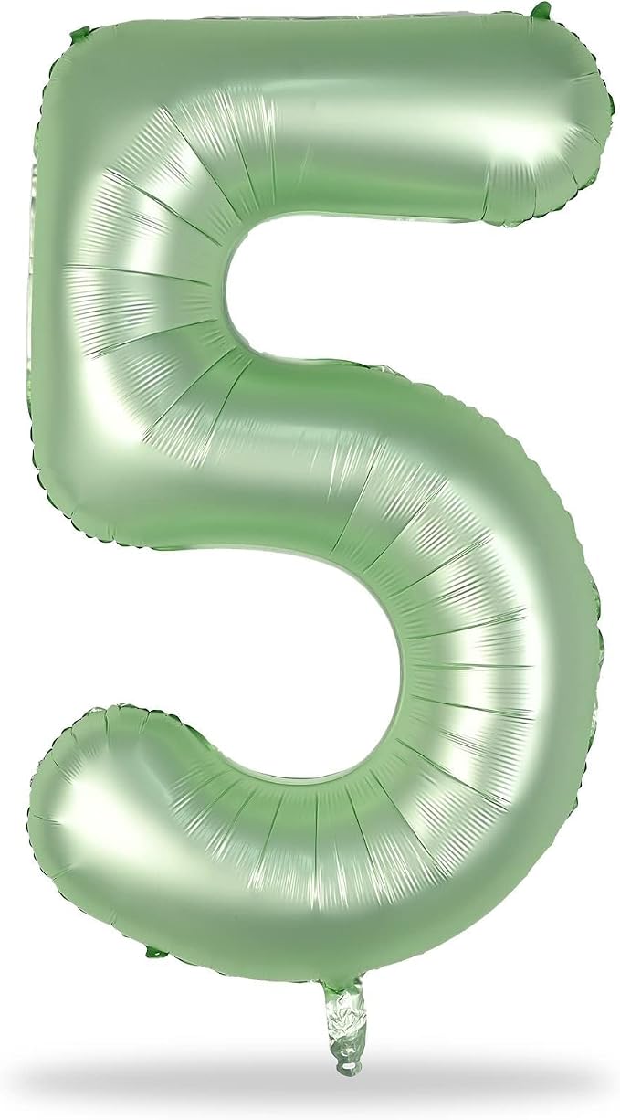 Sage Green 5 Balloons, Self Inflating Digit 5 Balloons - Image 9