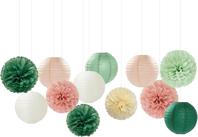 Sage-Green Pink Party-Decorations Paper-Flowers Lanterns - Image 7