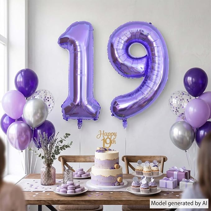 Purple Number 19 Balloon 40 Inch, Large Metallic Lavender Mylar Foil 19 Balloons - Image 7