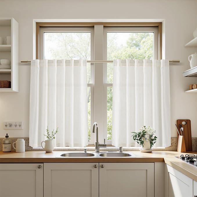 45 Inch Beige White Curtains Linen - Image 8