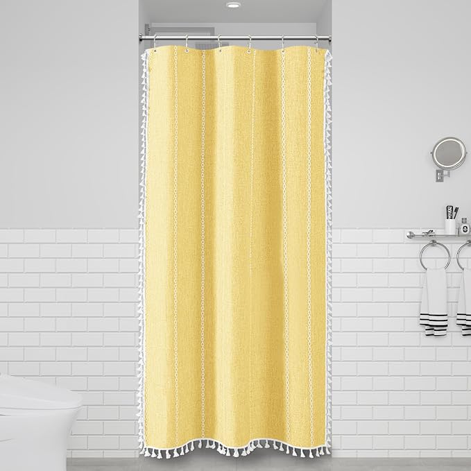 Small Boho Linen Heavy Duty Cloth Shower Curtain Set, 330GSM Linen Blend - Image 6