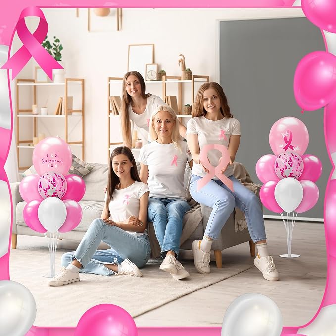Seematn 2 Set Breast Cancer Awareness Balloon Stand Kits Pink Ribbon Balloon - Image 6