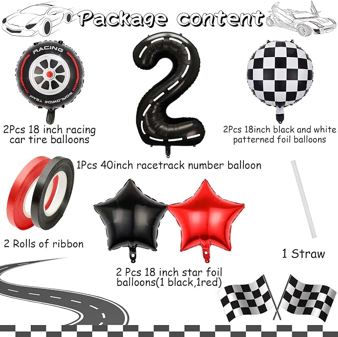 Race Car Balloons, 40 Inch Racetrack Number 2 Balloon, Big Number Balloons Black - Image 7