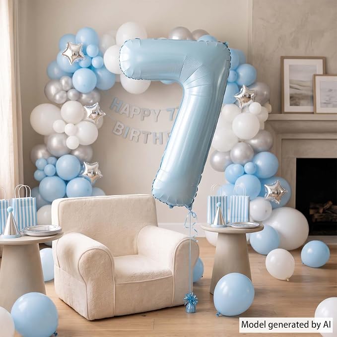 Baby Blue Number 7 Balloon 40 Inch, Foil Pastel Numeral Party Supplies | - Image 7