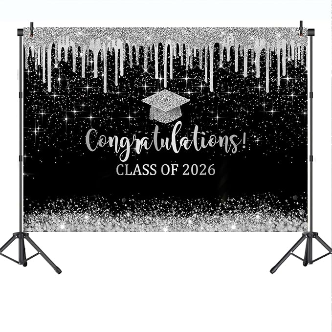 Mocsicka 7x5ft Class of 2025 Graduation Backdrop Black and Sliver Glitter 2026 - Image 7