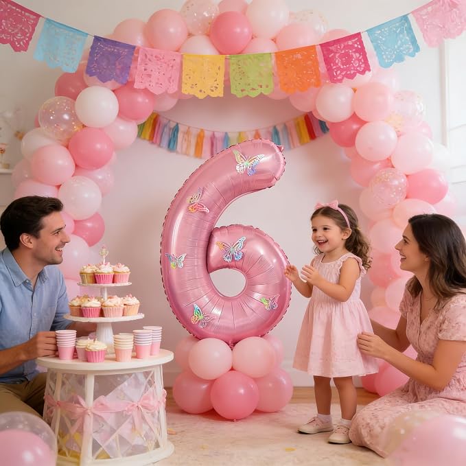 40 Inch Number Balloon Pink Large Mylar Foil Pink Number Balloons and Butterfly - Image 7
