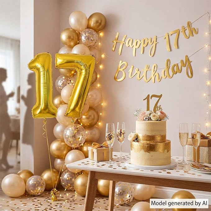 Gold Number 17 Balloon 40 Inch, Shiny Foil Decor - Image 7