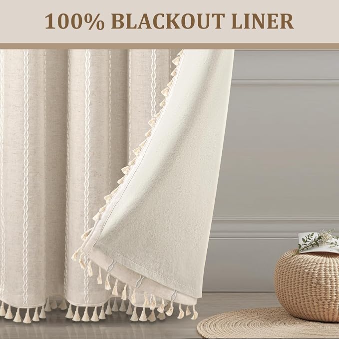 Cream 100% Boho Blackout Curtains 63 Inch 2 Panels - Image 6