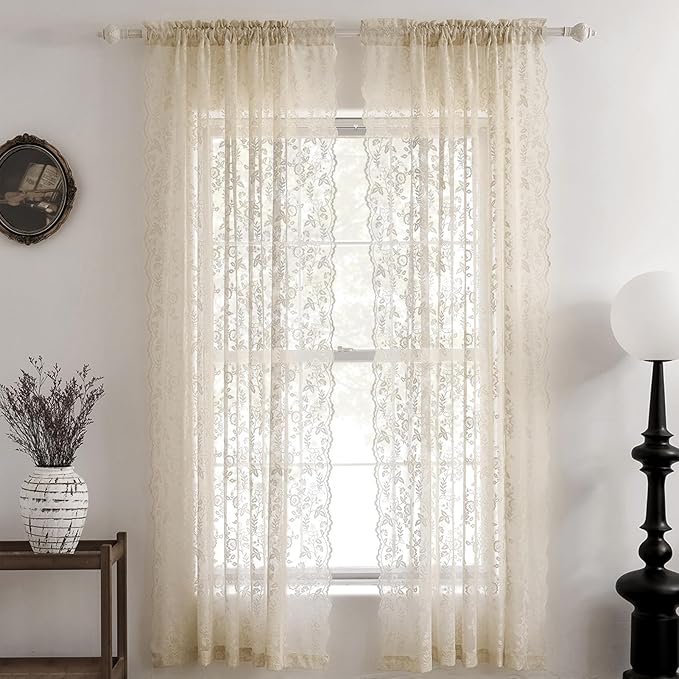 FINECITY Beige Lace Curtains for Bedroom Rustic Floral W52xL54 Inch 2-Panel | - Image 8