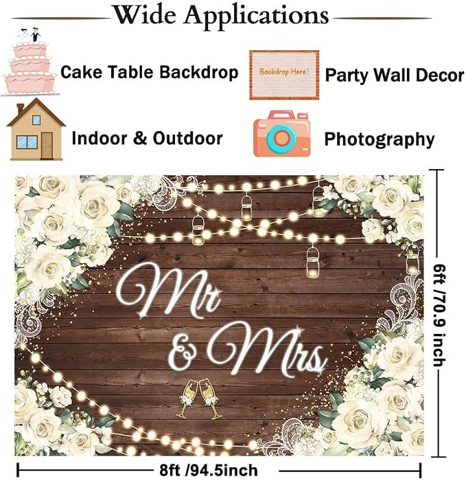 8x6ft Floral Mr and Mrs Engagement Decorations Backdrop White Flowers Wooden - Image 7