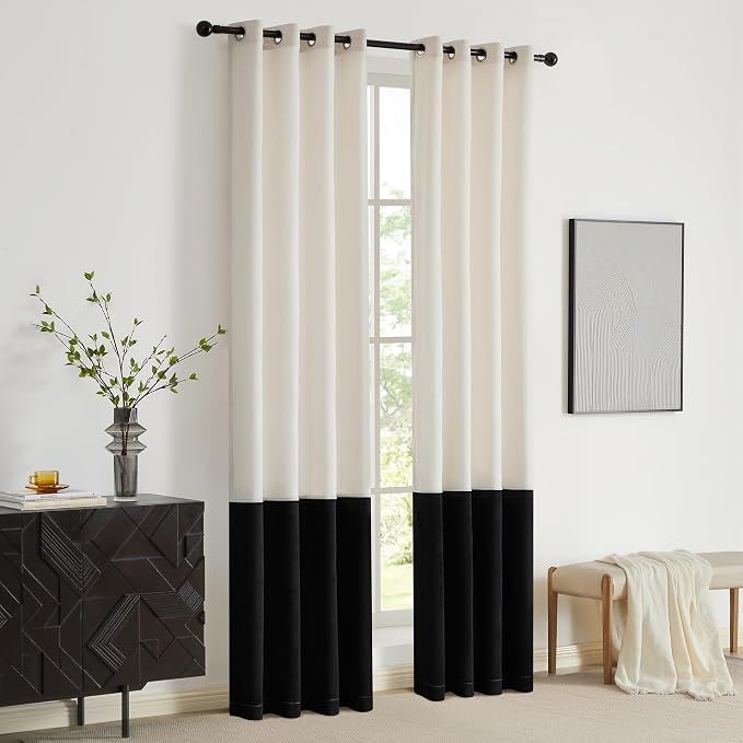 Modern Cream White Black Decorative Velvet Curtains 63 inches 2 Panels | Color - Image 7
