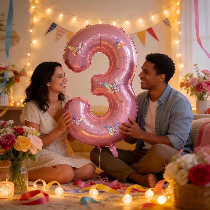 40 Inch Number Balloon Pink Large Mylar Foil Pink Number Balloons and Butterfly - Image 7