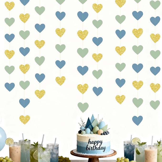 Sage Green Dusty Blue Gold Heart Party Decorations Gold Glitter Paper Dusty - Image 7