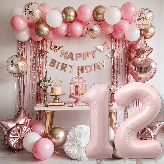 Pastel Pink 12 Balloons Number for Girls, Big Light Blush Pink Foil 1 & 2 - Image 7