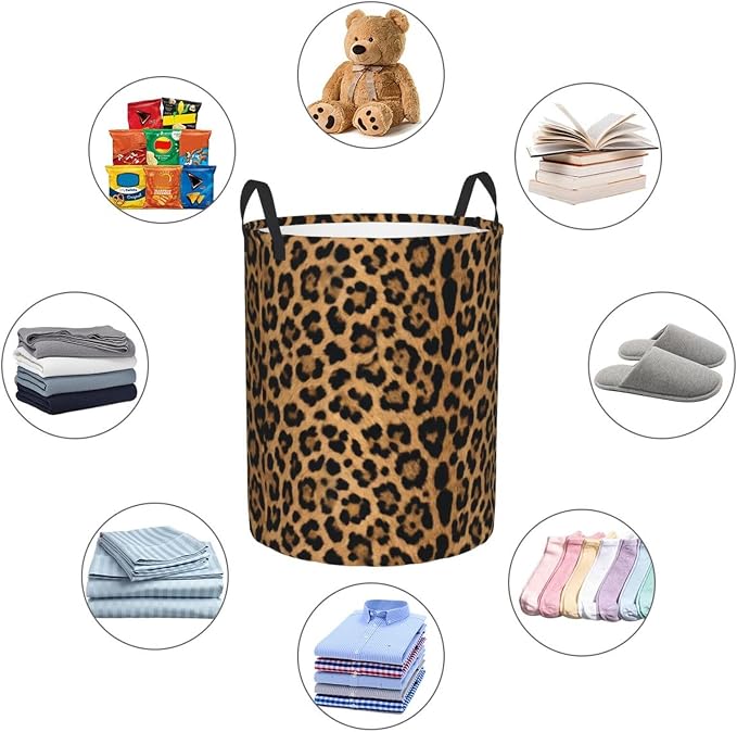 Leopard Cheetah Round Laundry Hamper Wildlife Fur Print Storage Basket Toys - Image 9