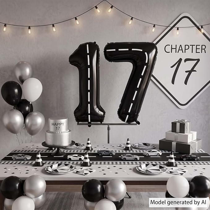 Black and White Stripes Number 17 Balloon 40 Inch, Road Style Numeral | Chic - Image 7