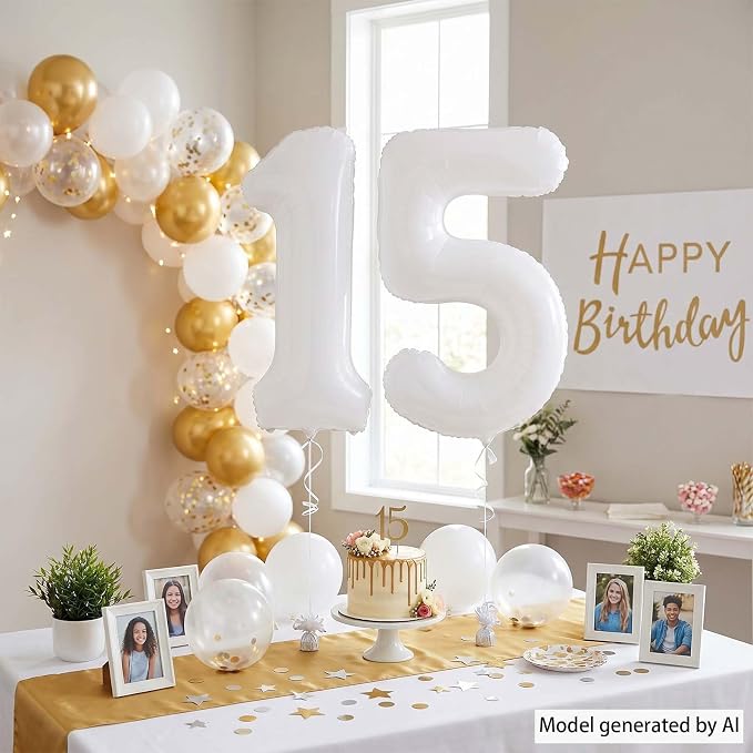 White Number 15 Balloon 40 Inch, Large Matte White Mylar Foil 15th Birthday - Image 7