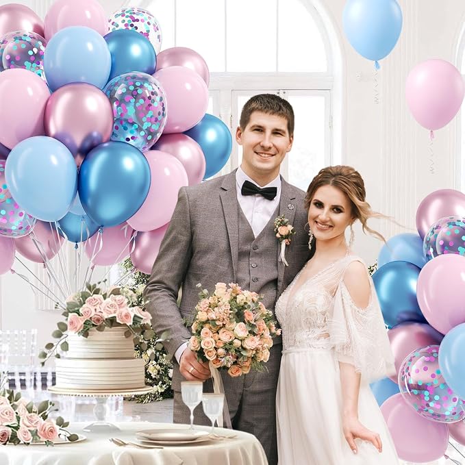 61pcs Pink and Blue Balloons, 12 Inch Macaron and Metallic Blue Pink Latex - Image 7