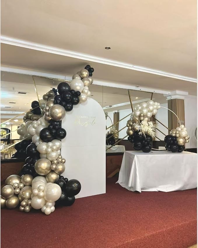 Black Gold White Balloon Arch Kit, Double Stuffed Pearl Sand White Black Chrome - Image 6