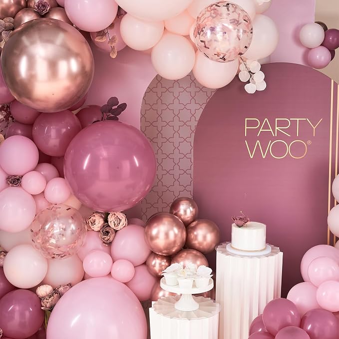 PartyWoo Rose Gold Pink Metallic Rose Gold Latex Balloon Arch Kit 140pcs | Rose - Image 6