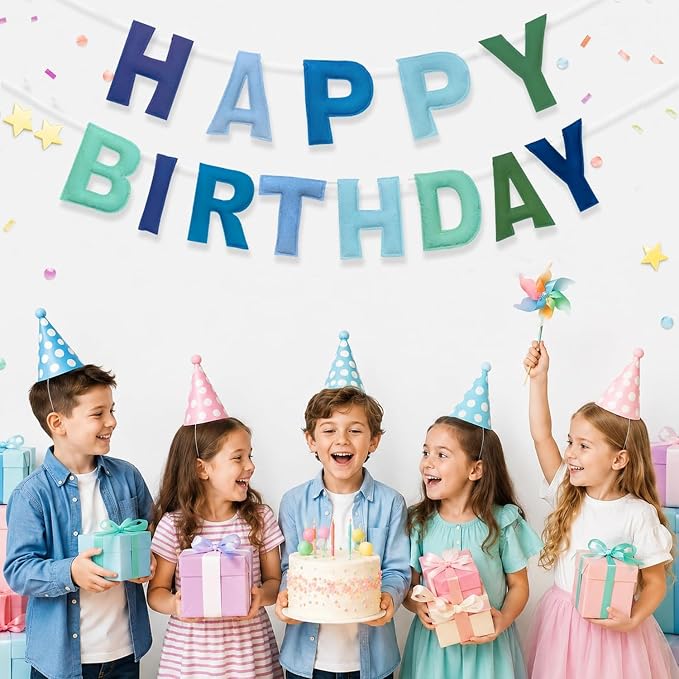 Felt Happy Birthday Banner, Pre-Strung 3D Blue and Green Birthday Banner | - Image 6